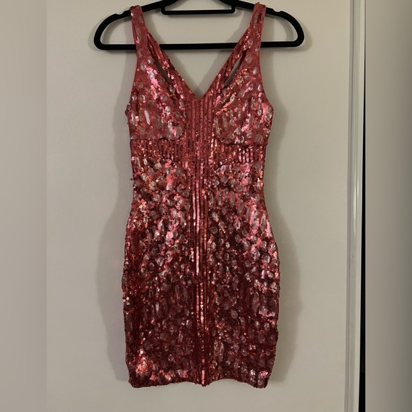 bebe Dresses & Skirts - Pink/ Coral sequined Bebe Addiction dress XS